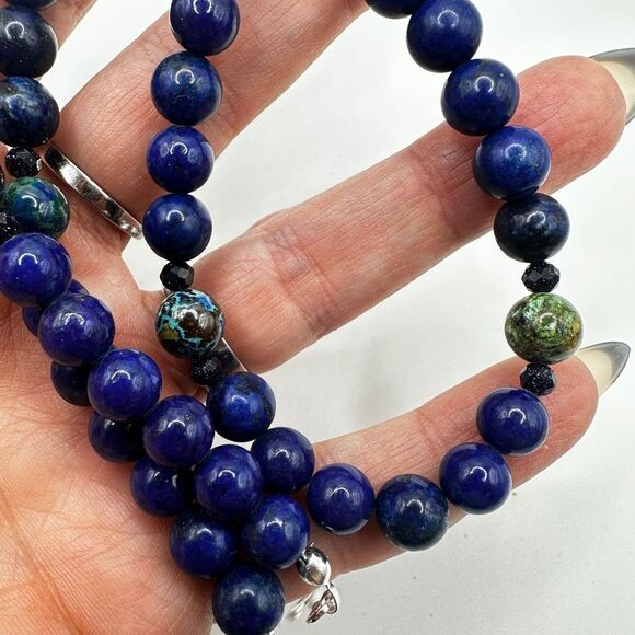 Stunning 20" lapis lazuli, azurite, and goldstone necklace with 925 hardware! - Picture 6 of 14